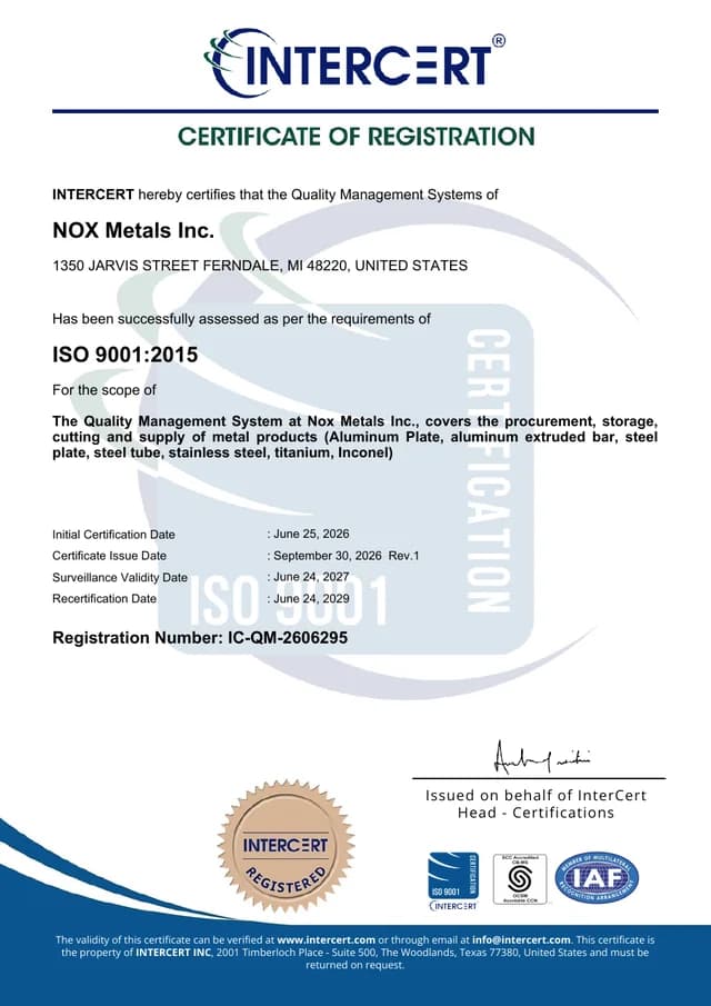 InterCert ISO 9001:2015 certificate of registration for Nox Metals Inc.